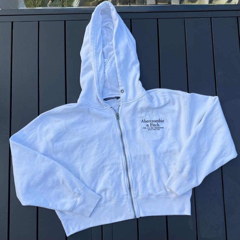 Y2K Abercrombie & Fitch Oversized White Zip Up Hoodie Sweatshirt Women’s Large - Picture 2 of 9